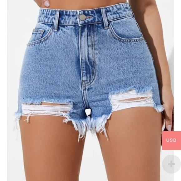 CARTOON FACE PRINT RIPPED RAW CUT DENIM SHORTS. WOMENS SIZE S. BNWT. - Picture 3 of 4